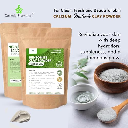Cosmic Element 100% Pure Calcium Bentonite Clay Powder - Bentonite Clay Food Grade, Vegan, Healing Clay | Skin Care Detox - Deep Pore Cleansing Face & Body Mask for Soft, Smooth, Refreshed Skin | 16oz