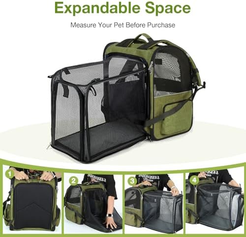 Large Cat Backpack Carrier Expandable Pet Carrier Backpack for Small Dogs Medium Cats Fit Up to 18 Lbs, Dog Backpack Carrier, Foldable Puppy Backpack Carrier for Travel,Dark Green, Large