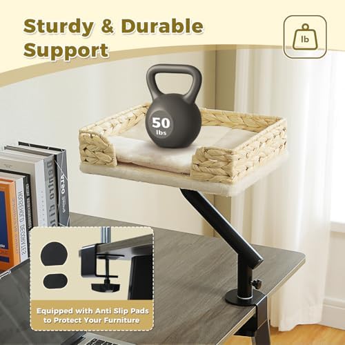 PAWZ Road Cat Desk Bed for Indoor Cats, Wicker Cat Bed for Desk Supports Up to 50 lbs, 360° Rotation & Adjustable Soft Plush Cats Hammock for Desktop, White