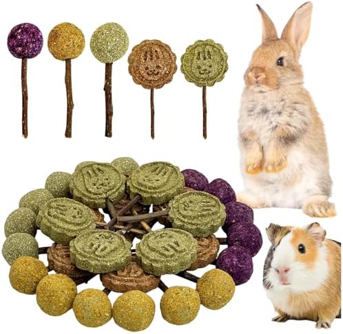 Fhiny Rabbit Chew Toys, 30 PCS Natural Bunny Lollipop Chew Sticks Handmade Guinea Pig Molar Treats for Teeth Small Animals Snacks for Guinea Pig Bunny Chinchilla Hamster Gerbil Teeth Care
