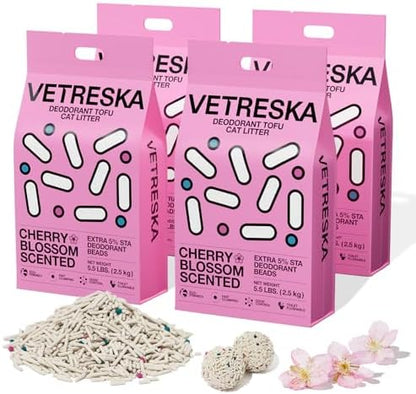 VETRESKA Cherry Blossom Tofu Cat Litter, Odor Control, 5.5lb×4bags