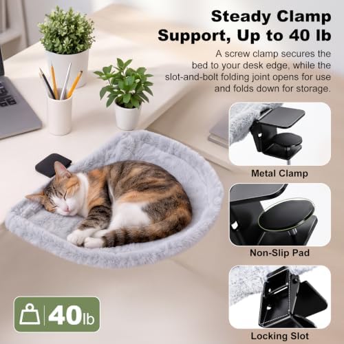 Cat Desk Bed, Clamp-On Desk Hammock, 40 lb, Fits 0.78-2.95 in