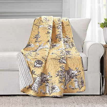 Lush Decor French Country Toile Reversible Cotton Throw Blanket Single 50" W x 60" Yellow & Gray - Yellow Blankets for Bed - Vintage Couch Blanket