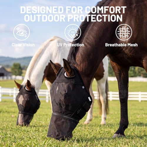 UV Fly Mask for Horses Without Ears, Removable Nose, Medium