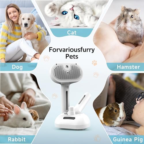 Pet Grooming Brush with Electronic Mist Spray - Gentle Deshedding Tool for Cats & Dogs, Pet Steam Brush，Reduces Shedding, Soft Bristles, Promotes Healthy Coat-Comes with a hair smoothing comb-White