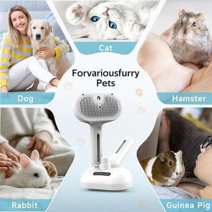 Pet Grooming Brush with Electronic Mist Spray - Gentle Deshedding Tool for Cats & Dogs, Pet Steam Brush，Reduces Shedding, Soft Bristles, Promotes Healthy Coat-Comes with a hair smoothing comb-White