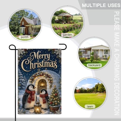 Christmas Penguin Garden Flag 12x18 Inch Merry Holiday Igloo Lantern Tree Snowflake Navy Winter Rustic Outdoor Yard Lawn Porch Farmhouse Double Sided Banner Welcome Decor