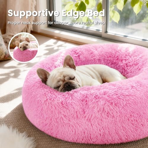 Love's cabin Calming Cat Bed for Indoor Cats, Anti-Anxiety Donut Round Dog Bed, Fluffy Faux Fur Washable Pet Bed for Small Medium Dogs and Cats, Pink, 24in