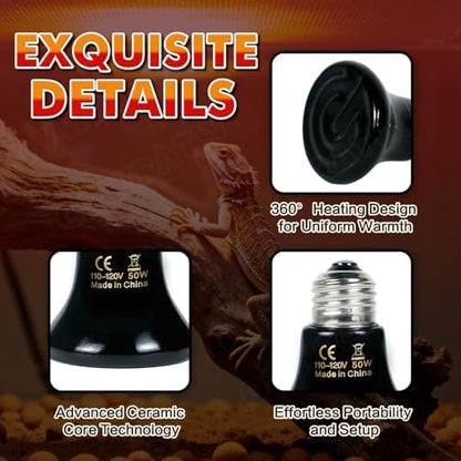 50W Non-Light Ceramic Heat Emitter (2-Pack 0.2inch-60mm) Reptile Heat Lamp for Terrariums, Brooders & Incubators. E26 for Turtle Lizard Bearded Dragon Snake Small Pets