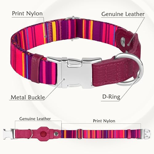 AirTag Dog Collar for Small Medium Large Breed - Adjustable Cute Pattern Dog Collar with Airtag Holder - Soft Leather Tracker GPS Apple Air Tag Pet Collars (Small, 12"-15" Neck Fit, Striped)