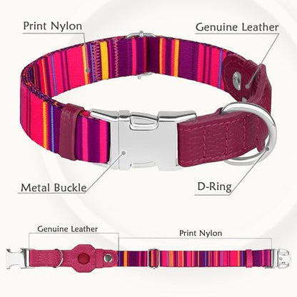 AirTag Dog Collar for Small Medium Large Breed - Adjustable Cute Pattern Dog Collar with Airtag Holder - Soft Leather Tracker GPS Apple Air Tag Pet Collars (Small, 12"-15" Neck Fit, Striped)