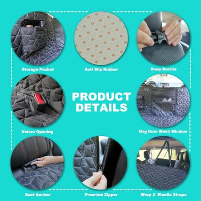 Meginc Dog Car Seat Cover for Back Seat, 60" Waterproof Dog Car Hammock with Mesh Window and Side Flaps, 600D Oxford Fabric Pet Seat Protector for Cars, SUVs & Mid-Size Trucks, Black