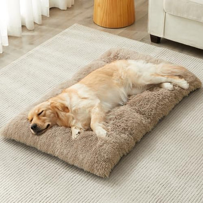 BFPETHOME Dog Beds for Large Dogs, Plush Dog Crate Bed Fluffy Cozy Kennel Pad for Sleeping &Ease Anxiety, Washable Pet Mats with Anti-Slip Bottom for Large Dogs, Brown