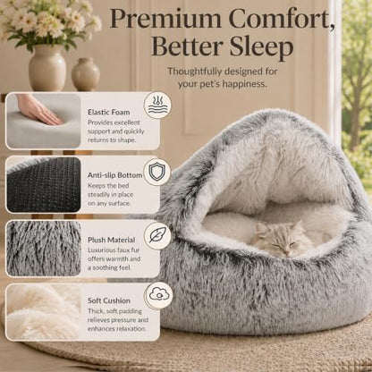 ShinHye Cat Bed Round Plush Fluffy Hooded Cat Bed Cave, Cozy for Indoor Cats or Small Dog beds, Soothing Pet Beds Doughnut Calm Anti-nxiety Dog Bed - Waterproof Bottom Washable (20×20inch, Grey)