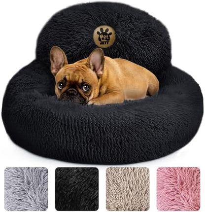 PetJett Calming Dog Bed for Small Dogs – 23" Donut Dog Beds, Anti-Slip & Washable Fluffy Plush Faux Fur Pet Bed, Anti-Anxiety Premium Comfort Round Puppy Bed, Fits Dogs up to 25 lbs – Black