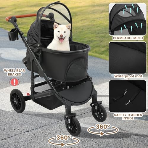 Bicystar Dog Stroller with Detachable Carrier, Rubber Wheels, 50 lbs, Black