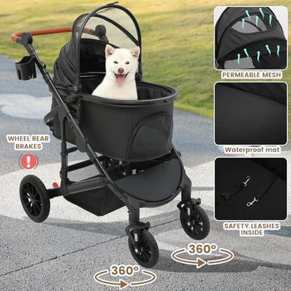 Bicystar Dog Stroller with Detachable Carrier, Rubber Wheels, 50 lbs, Black