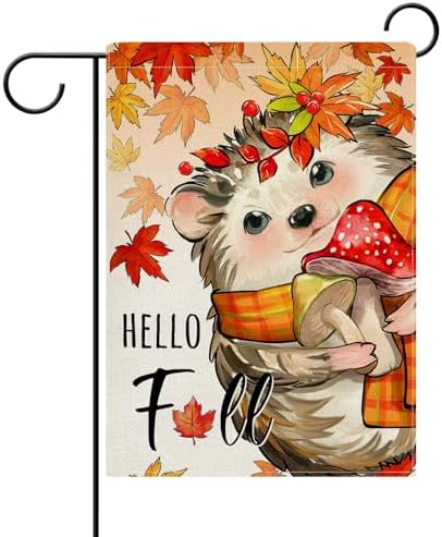 Dyrenson Hello Fall Hedgehog Decorative Garden Flag, Autumn Maple Leaves