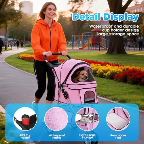 BestOffice Pet Stroller for Small Medium Dogs & Cats, 3-Wheel Foldable Dog Stroller with Cup Holder, Lightweight Travel Carrier, Waterproof Design for Outdoor Walks, Pink