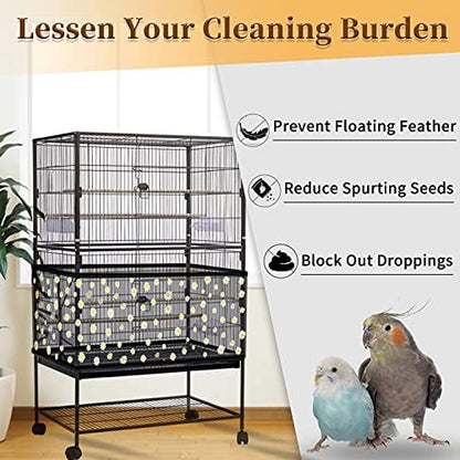 Daoeny Large Bird Cage Cover, Bird Cage Seed Catcher, Adjustable Soft Nylon Mesh Net with Daisy Pattern, Birdcage Cover Skirt Seed Guard for Parrot Parakeet Macaw Round Square Cages (Black)