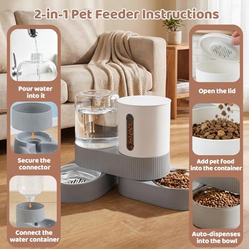 Gravity Cat Feeder 2 Pack Automatic Food Feeder and Water Dispenser Set Detachable Pet Bowl with Silicone Mat for Cats Small Medium Dogs, Large Capacity(Grey)