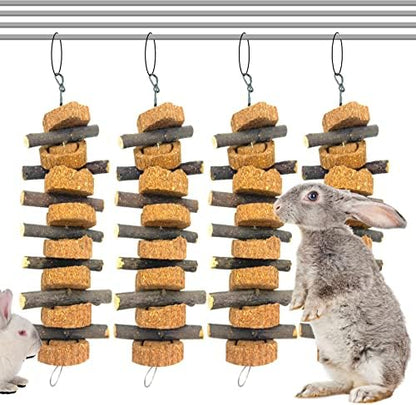 PINVNBY Rabbit Chew Toys for Teeth Hanging,Natural Apple Bunny Chew Sticks Small Animals Molar Wood for Rabbits Chinchillas Guinea Pigs Hamsters Small Pet Chewing Improve Dental Health(4 Pcs)