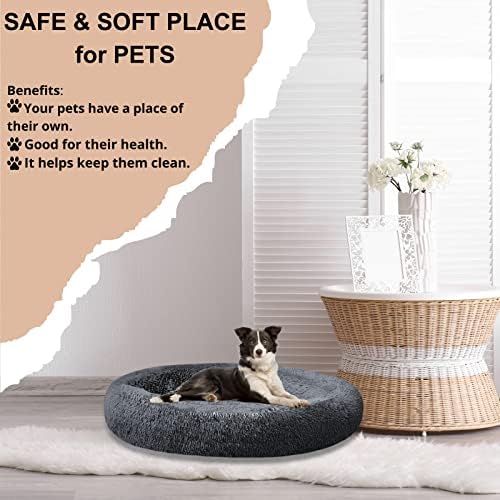 SAVFOX 54 inches Calming Donut Dog Bed - 3X Durable Plush Faux Fur, Machine Washable & Non-Slip, Fits up to 210 lbs, Removable Cover, Dark Grey