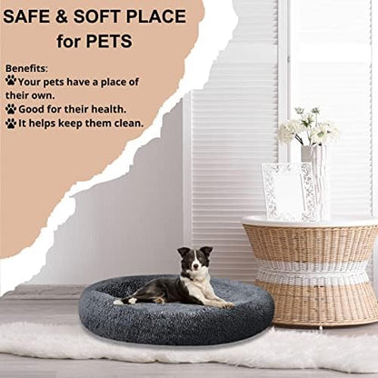 SAVFOX 54 inches Calming Donut Dog Bed - 3X Durable Plush Faux Fur, Machine Washable & Non-Slip, Fits up to 210 lbs, Removable Cover, Dark Grey