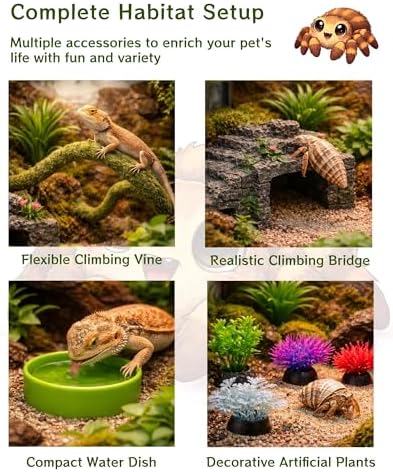 12-in-1 Hermit Crab Accessories Kit, 2026 New Kit for Bearded Dragon, Coconut Shell Hideout, Climbing Bridge, Hammock, Vines & Plants, Reptile Terrarium Decor for Gecko, Lizard, Amphibians