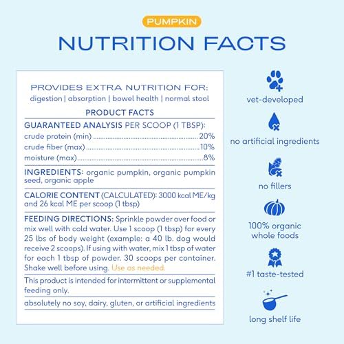 Native Pet Pumpkin for Dogs - Organic Dog Food Topper Powder - Promotes Firm Stools, Supports Digestive, Bowel Health & Nutrient Absorption - USDA Organic, Rich in Fiber with Real Pumpkin - 30 Scoops