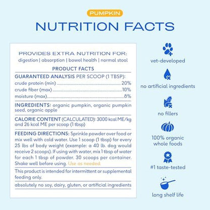 Native Pet Pumpkin for Dogs - Organic Dog Food Topper Powder - Promotes Firm Stools, Supports Digestive, Bowel Health & Nutrient Absorption - USDA Organic, Rich in Fiber with Real Pumpkin - 30 Scoops
