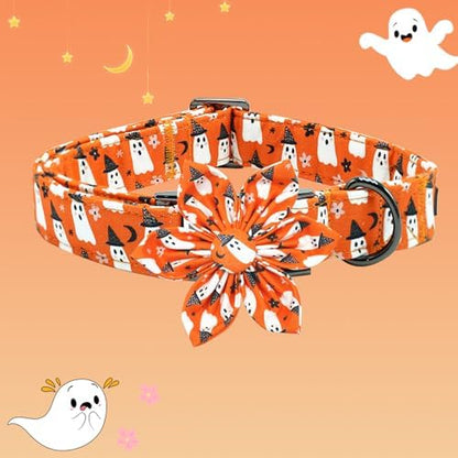 Dog Collar Halloween Fall Orange Ghost Print Pet Collar Holiday Soft Dog Collars with Flower Adjustable Metal Buckle Collar for X-Large Dogs
