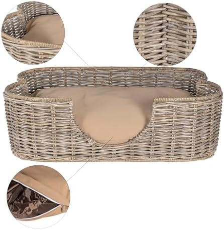 DBD1003A Scallop 31" x 20" Tropical Handwoven Rattan Dog Bed with Machine Washable Cushion, Kubu Gray