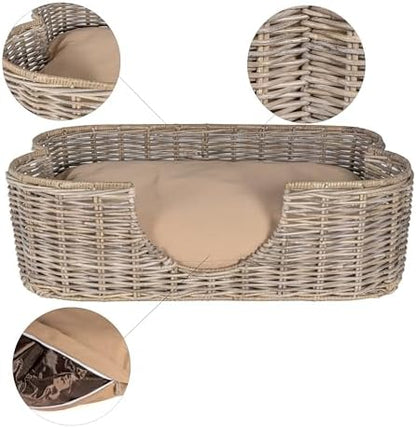 DBD1003A Scallop 31" x 20" Tropical Handwoven Rattan Dog Bed with Machine Washable Cushion, Kubu Gray