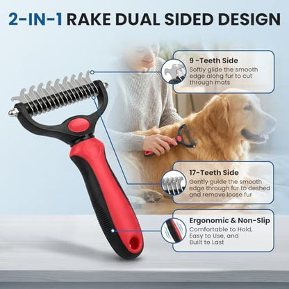 Pet Grooming Rake for Dogs and Cats - 4-in-1 Deshedding Dematting Kit with Double-Sided Undercoat Rake and Metal Comb for Long & Short Haired Pets, Reduces Shedding 95%