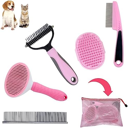 Dog Grooming Kit - Deshedding Brush for Short Hair, Slicker Brush, Flea Comb, Puppy Brush Set in Pink