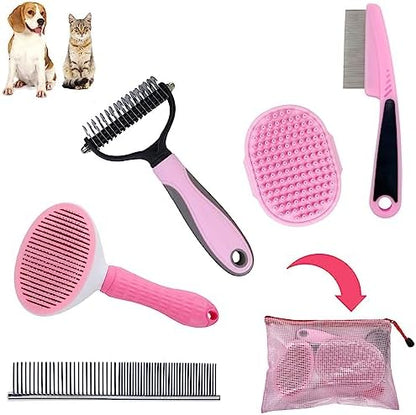 Dog Grooming Kit - Deshedding Brush for Short Hair, Slicker Brush, Flea Comb, Puppy Brush Set in Pink