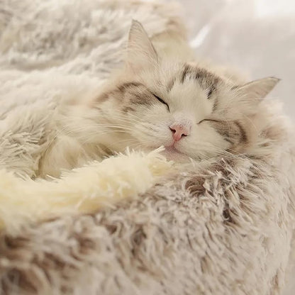 Round Fluffy Hooded Cat Bed Cave, Anti-Anxiety Cave Bed with Blanket