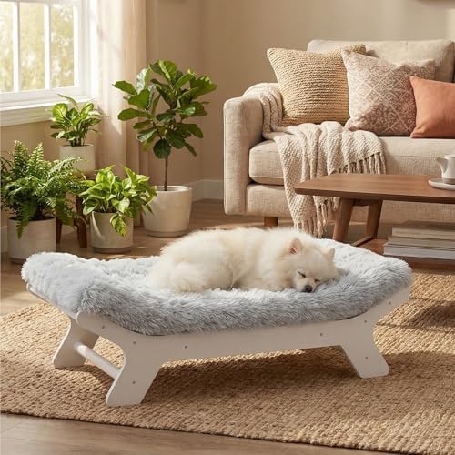 Muihood Elevated Wood Dog Bed Frame with Foam Mattress, Whitecolor, S