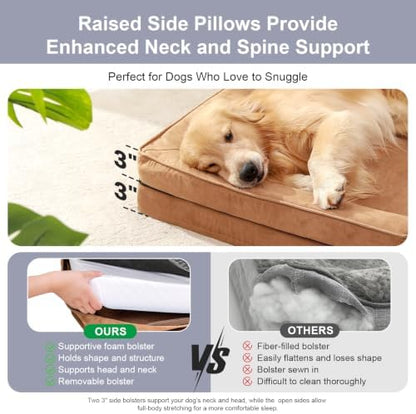 Rainmr Microsuede Dog Bed Orthopedic Washable - Small Medium XLarge Dogs - Memory Foam Couch Sofa with Waterproof Removable Cover, 41x27 Inches, Khaki
