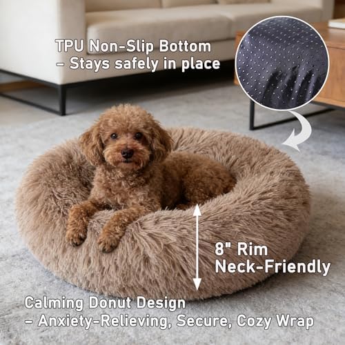 Calming Donut Dog Bed Medium Size Dog - Washable Removable Cover Non-Slip Bottom, Round Pet Bed Cat Bed Warming Fluffy Plush Faux Fur Anti-Anxiety, Fits up to 45 lbs (Camel, 30")