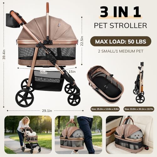 Pet Stroller for Small/Medium Dogs Cats, 50 lbs, 3-in-1 Foldable Stroller