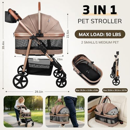 Pet Stroller for Small/Medium Dogs Cats, 50 lbs, 3-in-1 Foldable Stroller