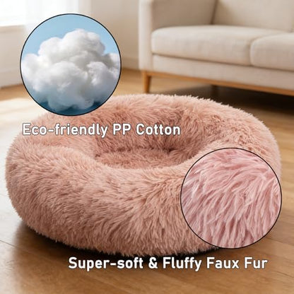 Calming Donut Dog Beds for Small Dogs Cats - Washable Removable Cover Non-Slip Bottom, Round Pet Bed Puppy Bed Warming Fluffy Faux Fur Anti-Anxiety, Fits up to 25 lbs (Blush, 23")