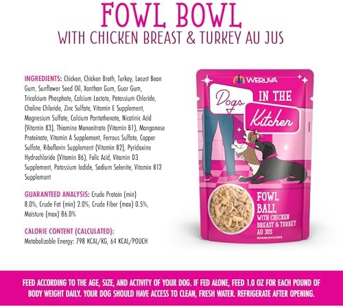 Weruva Dogs in the Kitchen, Fowl Ball with Chicken Breast & Turkey Au Jus Dog Food, 2.8oz Pouch (Pack of 12)