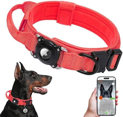 Smart Waterproof AirTag Dog Collar with QR Code ID Tag, Anti-Lost Tactical Dog Collar with Built-in AirTag Holder, Metal Buckle & Control Handle, GPS Tracker Collar for Medium to Large Dogs (Red, L)
