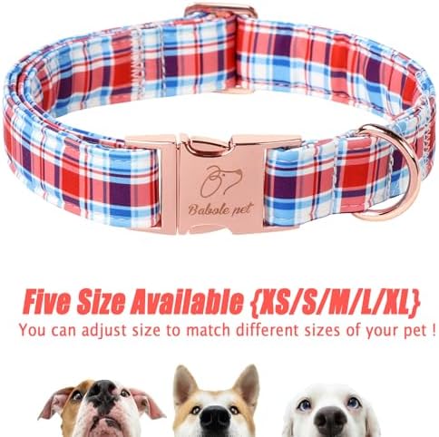 Adjustable Plaid Boy Dog Collar - Classic Boy Dog Plaid Collars for Large Dogs, Durable Red White Blue Heavy Duty Metal Buckle Pet Collar L