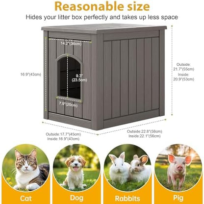 Cat Litter Box Enclosure, Multi-Functional Enclosed Cat Litter Box Furniture, Outdoor Cat House Weatherproof, Openable Front Door & Raised Floor, Easy to Clean & Assemble, Grey