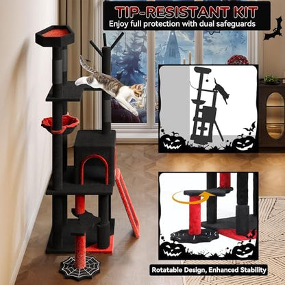YITAHOME Gothic Cat Tree with Coffin Bed, 60" Tall Cat Tower for Indoor Cats with Top Perch, Spacious Cat Condos, Spider Hanging Balls,Comfy Basket, Scratching Post and Ladder, Black Halloween