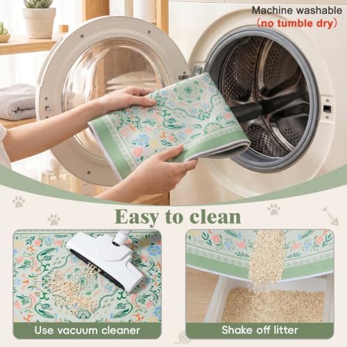 Bienbee Cat Litter Mat, 2PCS 28"x20" Machine Washable Litters Box Mats Non-Slip &Waterproof Cat Litters Trapping Mats Easy to Clean Mat for Litter Box Less Waste Protects Floors Bean Green Mandala M